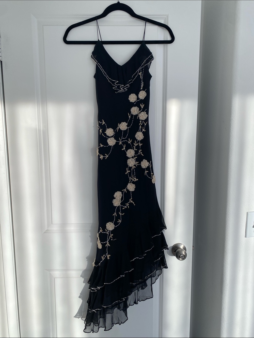 ECI Black High-Low Slip Dress with Cream Floral Appliqué